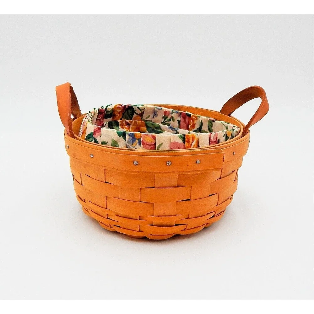 Longerberger 1996 Round Basket Leather Handles Fabric Liner and Warming Brick